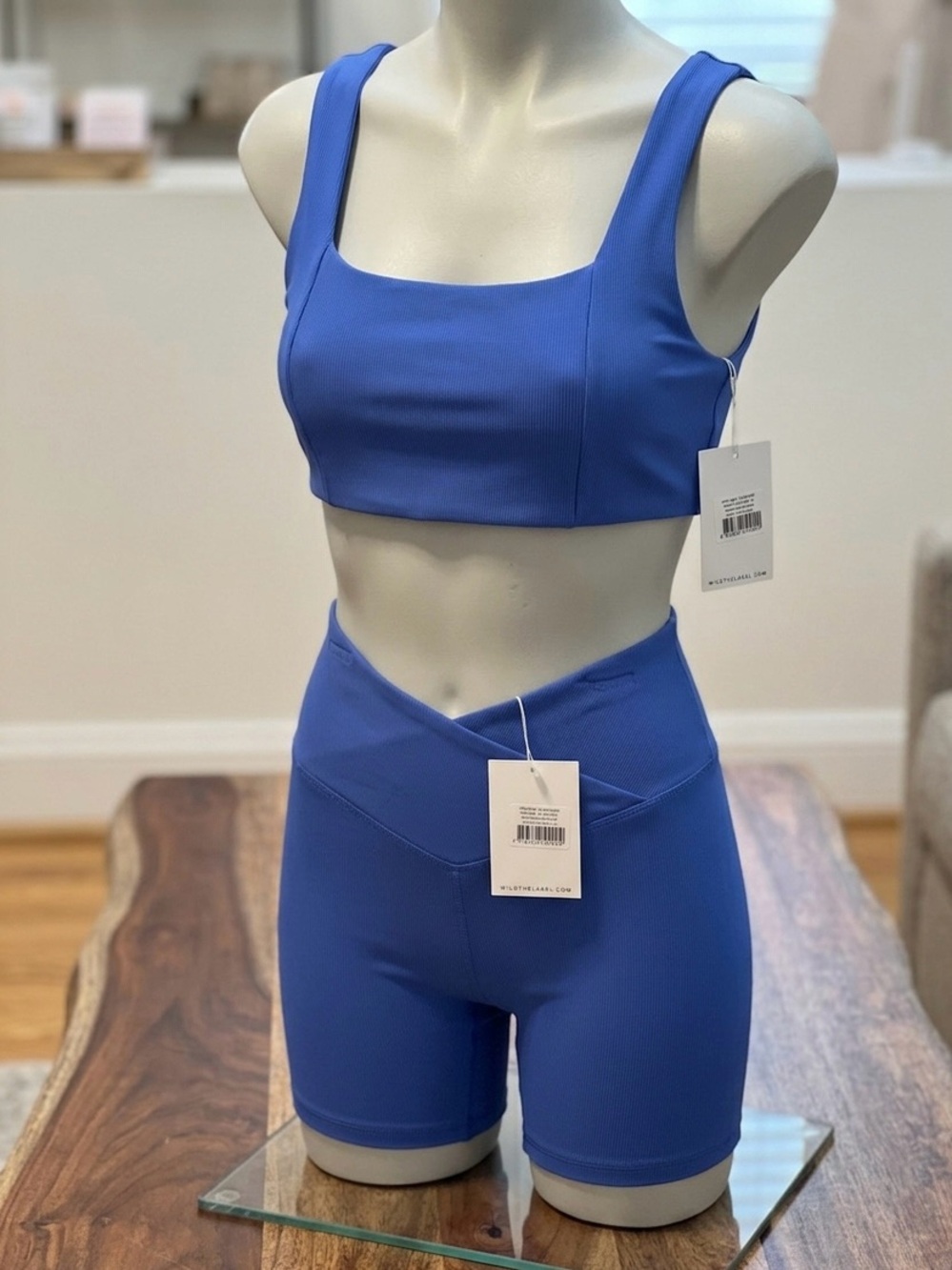 Women’s Blue Ribbed Active Crop Top & High-Waist Bike Shorts Set